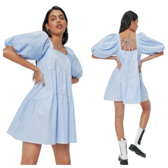 NASTY GAL | Striped Blue/White Puff Sleeve Oversized Mini Shift Dress Size 4 - Picture 1 of 9
